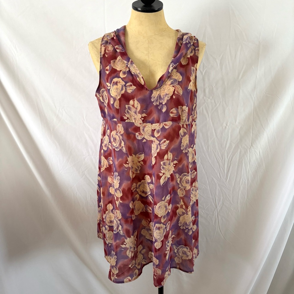 Vintage 90s rose print hooded mini dress casual large summer spring sundress